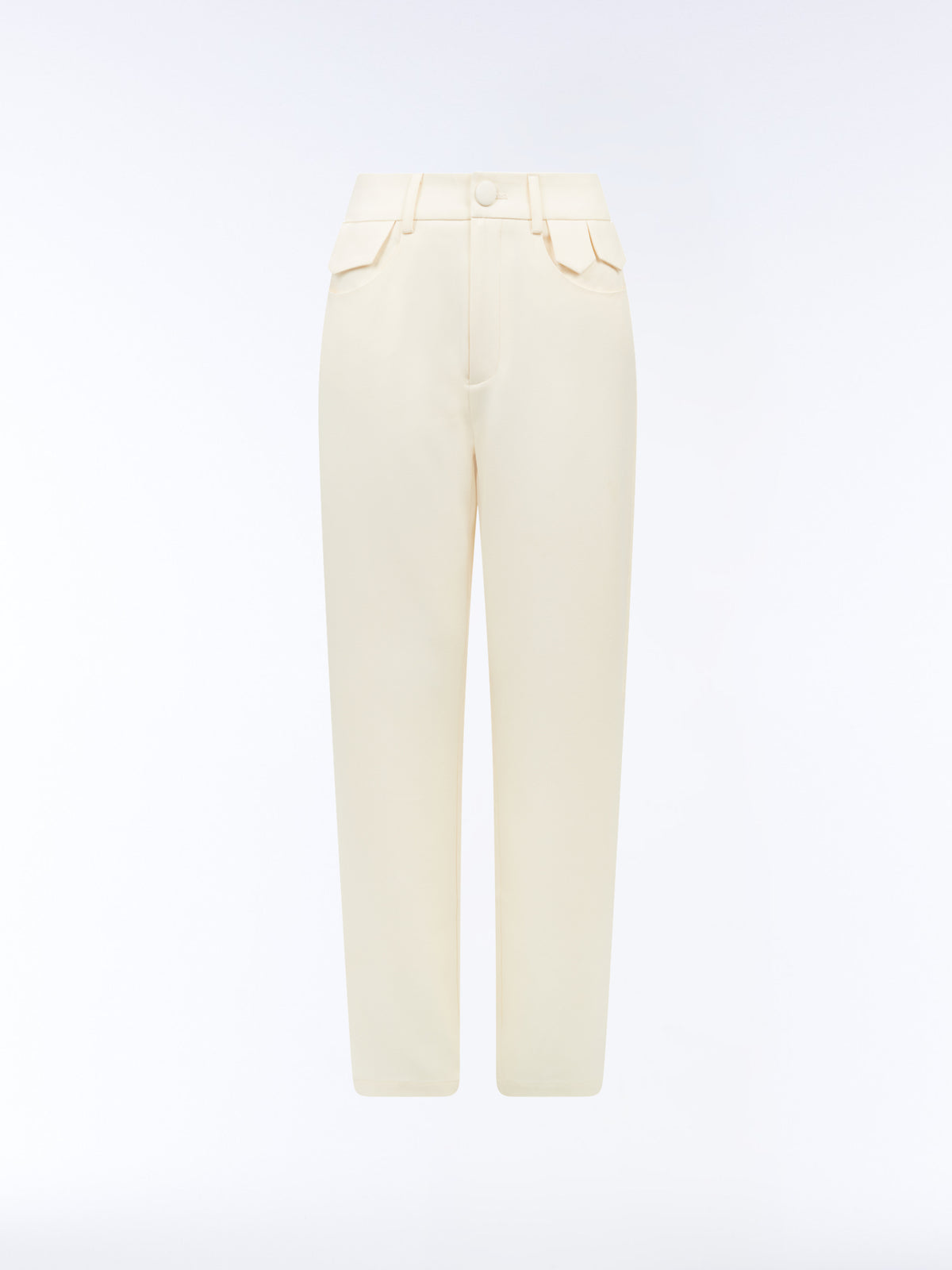 Front product view of SOUR FIGS tailored tapered trousers in soft ivory, showing angular pocket tabs, belt loops and a covered waistband button.