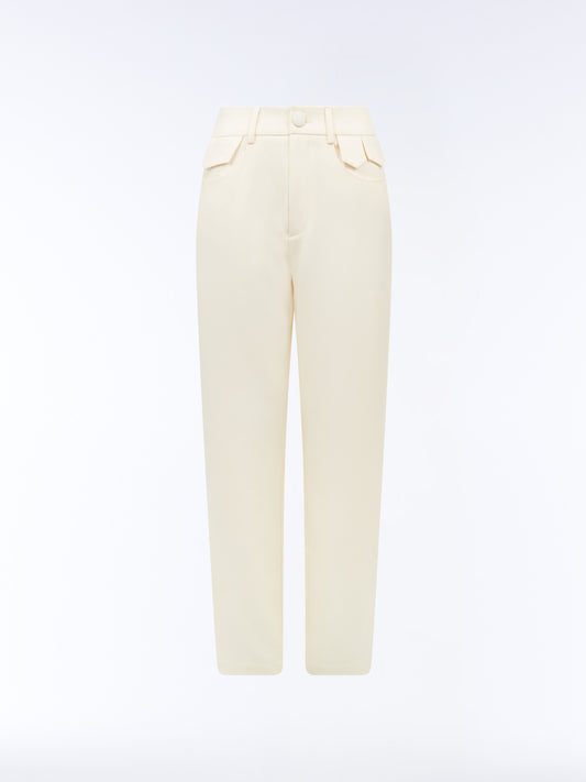 Front product view of SOUR FIGS tailored tapered trousers in soft ivory, showing angular pocket tabs, belt loops and a covered waistband button.