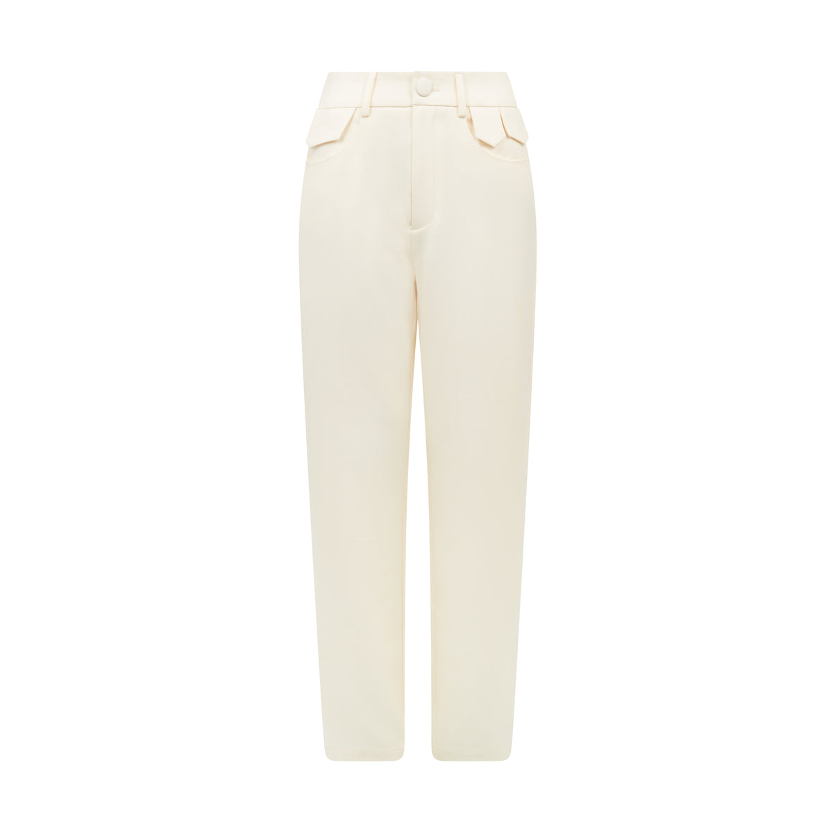 A pair of high-waisted cream-colored trousers with structured front pleats and a button closure, shown against a plain white background.